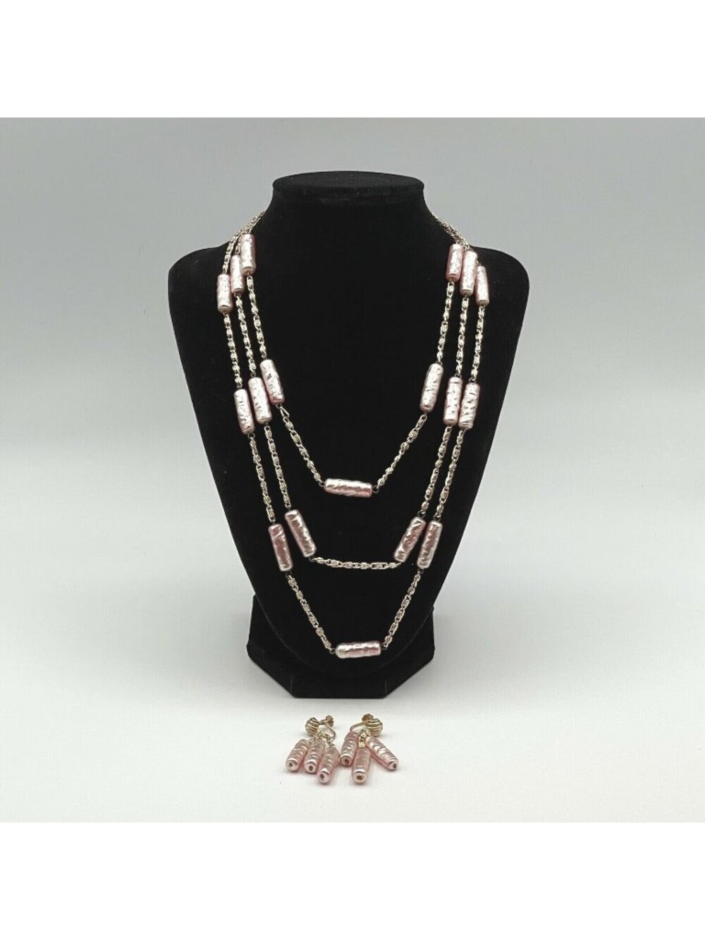 Opera Length Necklace Vintage Pearlescent Pink Bead Station 30" Drop + Earrings - Picture 1 of 9